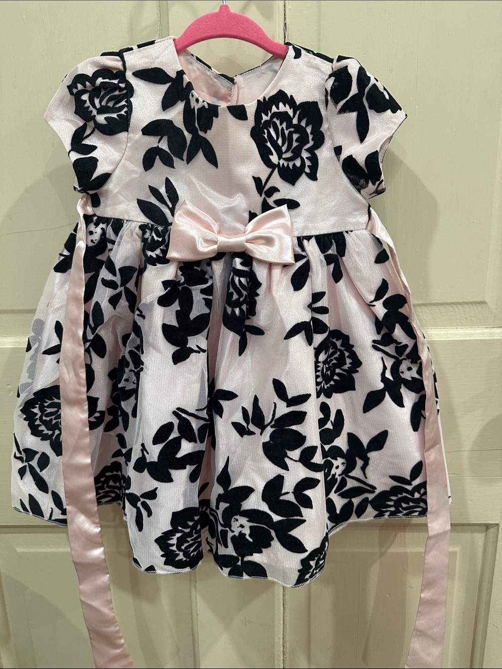 Girls Pink Satin Floral Party Dress with Black Velvet Print